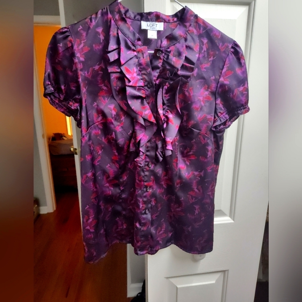 LOFT Purple Satin Ruffle-Front Blouse with Pink Floral Accent